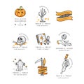 Vector illustartion set of linear icons for Happy Halloween. Badges and Labels for party and fair. Trick or treat