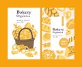 Vector illustartion vintage basket full of bakery food. Assortment of different pastries. Cards for pastry store. Royalty Free Stock Photo