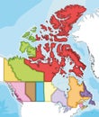 Vector illustrated blank map of Canada with provinces and territories and administrative divisions, and neighbouring countries