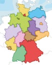 Vector illustrated blank map of Germany with federated states or regions and administrative divisions, and neighbouring countries