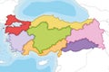 Vector illustrated blank map of Turkey with regions and geographical divisions, and neighbouring countries