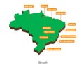 Vector illustrated 3d geographical map of Brazil with cities Royalty Free Stock Photo