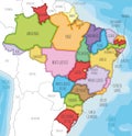 Vector illustrated map of Brazil with states and administrative divisions, and neighbouring countries and territories.
