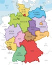 Vector illustrated map of Germany with federated states or regions and administrative divisions, and neighbouring countries. Royalty Free Stock Photo