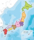 Vector illustrated map of Japan with regions and administrative divisions, and neighbouring countries Royalty Free Stock Photo