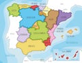 Vector illustrated map of Spain with regions and territories and administrative divisions, and neighbouring countries.