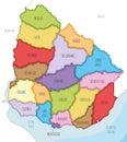 Vector illustrated map of Uruguay with departments and administrative divisions, and neighbouring countries.