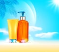 Vector illustratin. 3d bottles with sun protection cosmetic pro