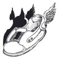 Winged Shoes ready for the Race in Hand Drawn Style, Vector Illustration