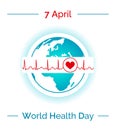 Vector illustration for 7 April, World Health Day with the Earth in blue and white colors and normal cardiogram