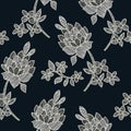 Vector illustration of abstract black and white flowers and leaves seamless pattern.