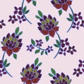 Vector illustration of abstract colorful flowers and leaves seamless pattern.