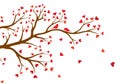 Vector illustration of abstract, decorated with hearts tree branch with couple of birds, in color, isolated