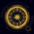 Vector illustration of abstract futuristic digital clock, technology background with golden light number timer, time