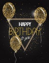 Vector illustration with abstract gold air balloons with stars and Happy Birthday wishes