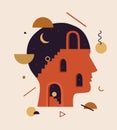 Vector illustration of abstract human head with stairs, doors, geometric shapes inside. Concept of thinking process, solving Royalty Free Stock Photo