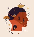 Vector illustration of abstract human head with stairs, doors, geometric shapes inside. Concept of thinking process, solving Royalty Free Stock Photo