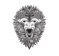 Vector illustration abstract isolated predatory unusual grin wild animal yeti decorated black linear doodle