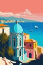 Vector illustration of abstract of a seaside town, beautiful travel European destination