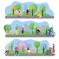 Vector illustration with active pensioners on vacation in a park near a big city. Elderly people walk with dogs and grandchildren