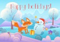 Vector illustration of adorable fox and snowman. Happy Holidays greeting carf