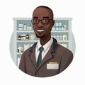 an adult black man working a pharmacist, with shelf of drugstore drugs in the background