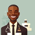 an adult black man working a pharmacist, with shelf of drugstore drugs in the background