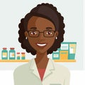 an adult black woman working a pharmacist, with shelf of drugstore drugs in the background