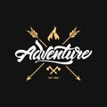 Vector illustration ADVENTURE lettering logo with axe, arrow and bonfire. Hipster logo style