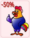 Vector illustration, advertising poster for shops and supermarkets, cheerful bright rooster with a thumb up