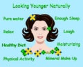 Vector illustration with advice how to stay young and a face of a girl