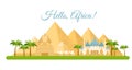 Vector illustration of Africa travel concept. Pyramid symbol of Egypt, background Hello Africa, Tourism and traveling