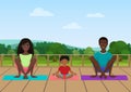 Vector illustration of the african american family meditating on the nature field background. Royalty Free Stock Photo