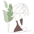 Curly hair African, American woman silhouette with simple shapes and palm leaves, vector illustration in flat design