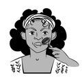 Vector illustration of an african american girl using jade roller. Wearing a blouse and a hair holder. Black and white. Isolated.