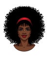 Vector illustration of African American type woman`s face with curly hair.