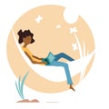 Vector illustration African girl is a freelancer. Beautiful woman working in a laptop and sitting in a hammock in a park