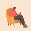 Vector illustration of african grandmother sitting in a chair with a phone in warm colors. Communication with the older generation