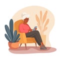 Vector illustration of African grandmother sitting in a chair with a phone in warm colors. Studying modern technologies by old