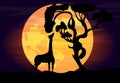 Vector illustration of an African landscape with wildlife on a night scene, full moon and night sky Royalty Free Stock Photo