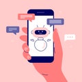 Vector illustration of ai chatbot concept, artificial intelligence, human hand holding smartphone with virtual assistant on screen Royalty Free Stock Photo