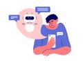 Vector illustration of ai chatbot concept, virtual assistant help with man holding smartphone in hand and chatting with android Royalty Free Stock Photo