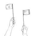 Human hands waving two small flags