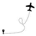 Vector illustration of an airplane icon and its flight path with dash lines starting from the departure point Royalty Free Stock Photo