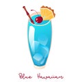 Vector illustration of alcohol Cocktail Blue Hawaiian, fruit garnish on glass of tropical cocktail with blue curacao