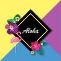 Vector illustration of aloha greeting word on green palm leaves and flowers. Royalty Free Stock Photo