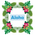 Vector illustration of aloha greeting word on green palm leaves and flowers. Royalty Free Stock Photo