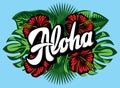 Vector illustration with Aloha lettering, palm leaves and hibiscus