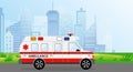 Vector illustration ambulance car in the city. Cityscape on background in light blue colors. Auto paramedic emergency in