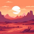 Vector illustration of American or Mexican sunset desert landscape with mountains in flat cartoon style Royalty Free Stock Photo
